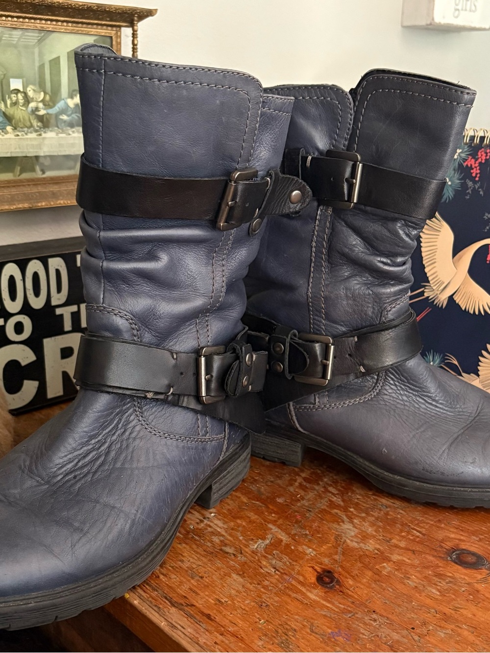 Earth Navy and Black Leather Moto Boots with Buckle Straps